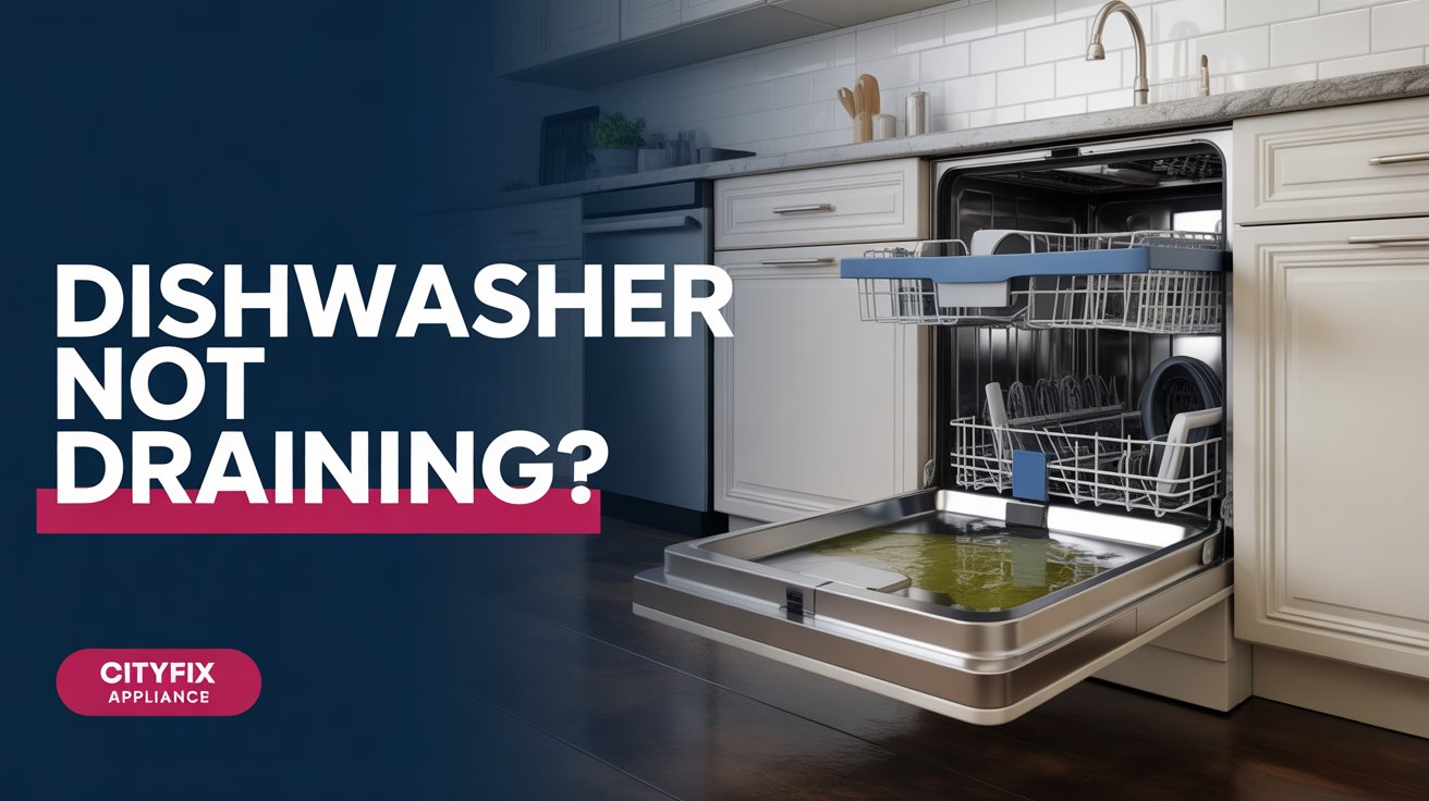Open dishwasher with standing water at the bottom after a full wash cycle