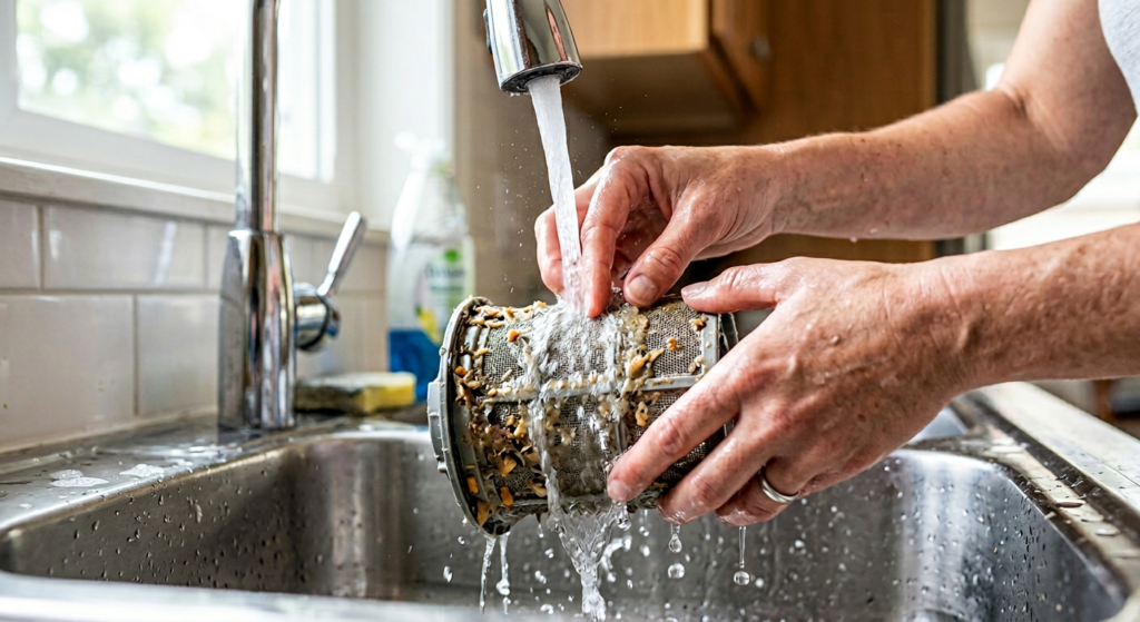 Person cleaning a clogged dishwasher filter under running tap water
