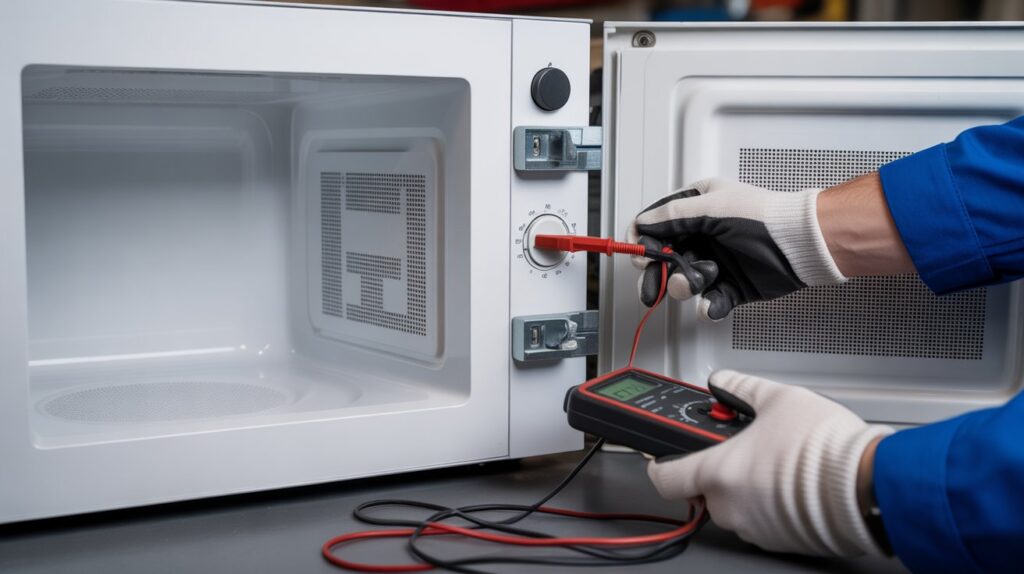 Appliance technician testing a microwave door interlock switch with a multimeter during a repair visit