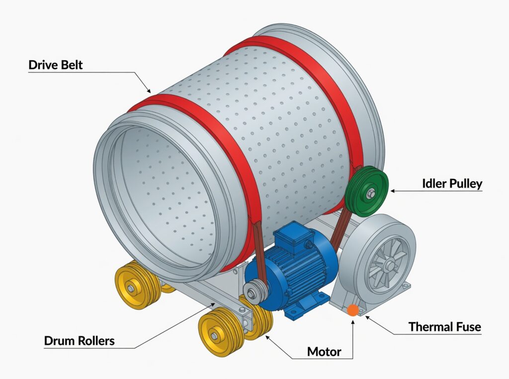 Color-coded cutaway diagram of clothes dryer showing drive belt in red, drum rollers in yellow, motor in blue, idler pulley in green, and thermal fuse location
