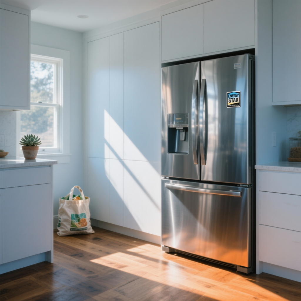ENERGY STAR certified counter-depth refrigerator integrated into white cabinetry in a modern California kitchen showing energy efficiency label