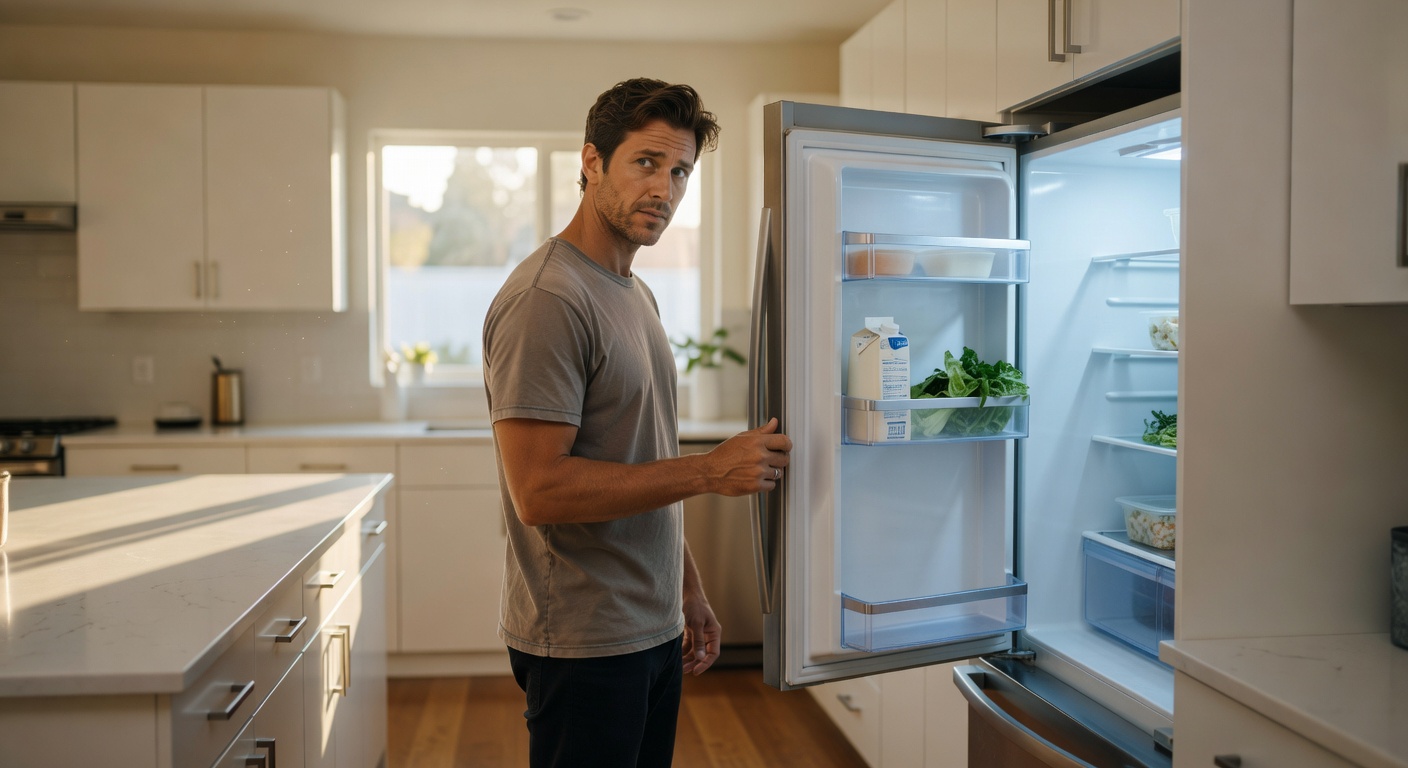 Los Angeles homeowner inspecting a broken refrigerator that is not cooling properly in a modern kitchen