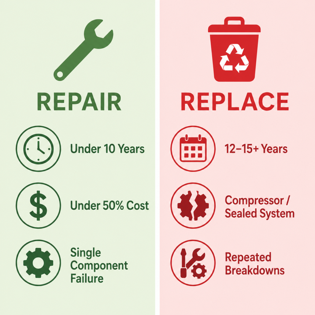 Infographic comparing when to repair versus replace a refrigerator based on age, repair cost, and type of failure