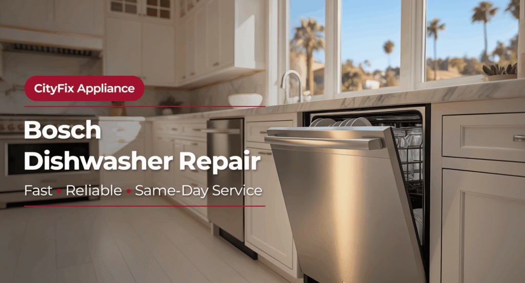 Bosch dishwasher repair service in a luxury Los Angeles kitchen featuring a premium stainless steel dishwasher by CityFix Appliance.