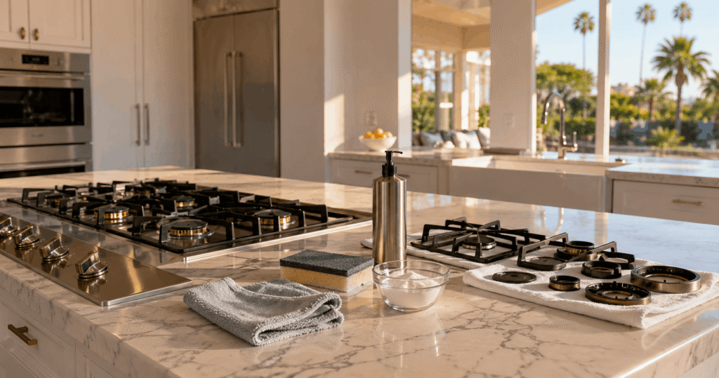Luxury Los Angeles kitchen with a clean stainless steel gas cooktop, removed burner caps drying on a towel, and safe cooktop cleaning supplies on a marble countertop.