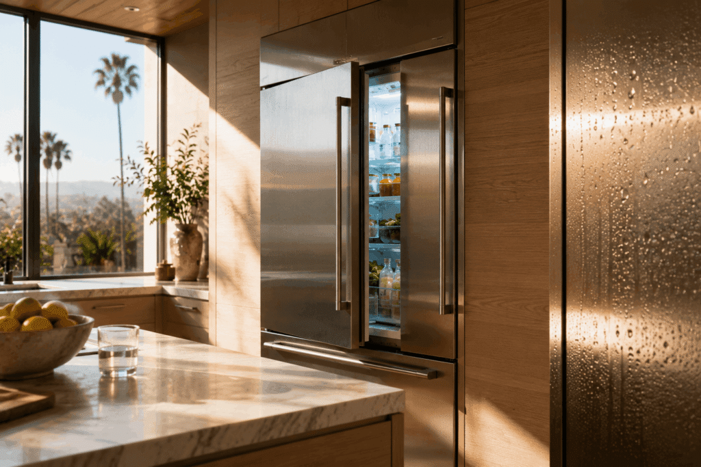 Modern kitchen refrigerator glowing at dusk, representing summer heat strain on appliances in Los Angeles