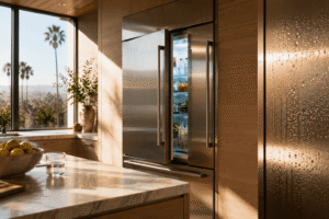 Modern kitchen refrigerator glowing at dusk, representing summer heat strain on appliances in Los Angeles