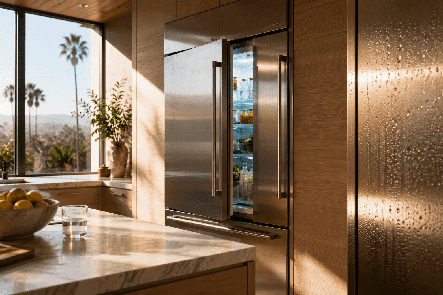 Modern kitchen refrigerator glowing at dusk, representing summer heat strain on appliances in Los Angeles