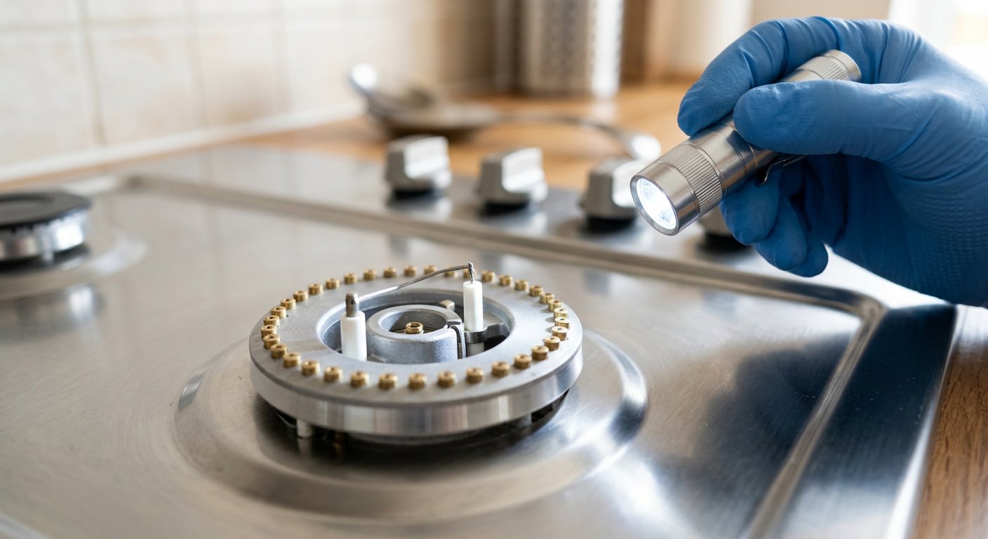 Gas stove burner with igniter visible after removing cap, showing gas port holes