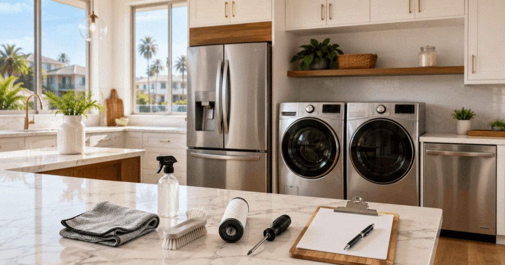 Modern Los Angeles kitchen with well-maintained LG refrigerator, washer, dryer, and dishwasher during routine appliance maintenance.