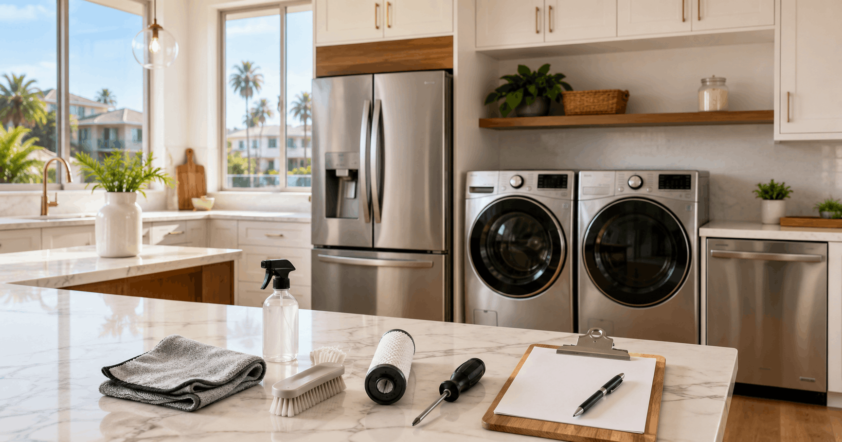 Modern Los Angeles kitchen with well-maintained LG refrigerator, washer, dryer, and dishwasher during routine appliance maintenance.