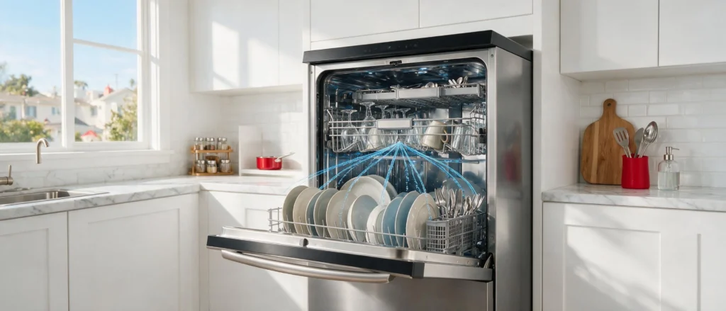 Properly loaded dishwasher with plates, glasses, and silverware arranged for optimal cleaning