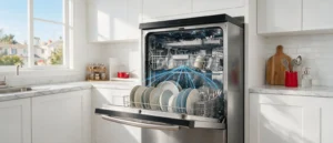 Properly loaded dishwasher with plates, glasses, and silverware arranged for optimal cleaning
