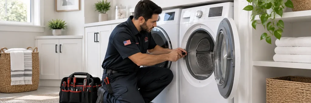 Dryer repair technician servicing a clothes dryer in Los Angeles