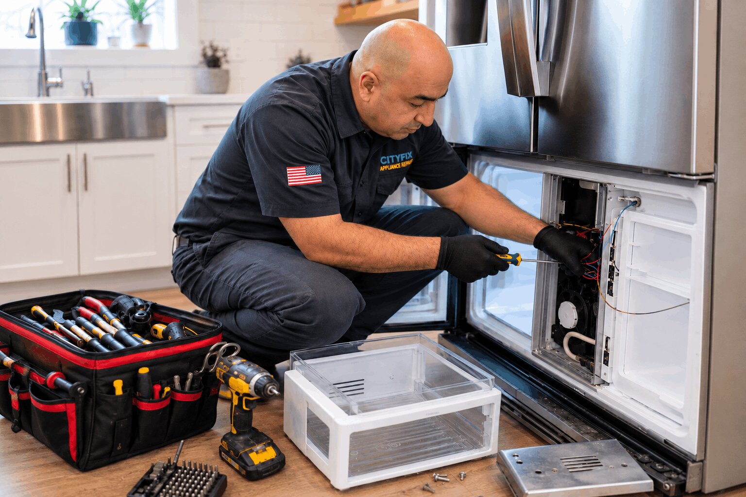 Licensed technician diagnosing a front-load washing machine leak in Los Angeles