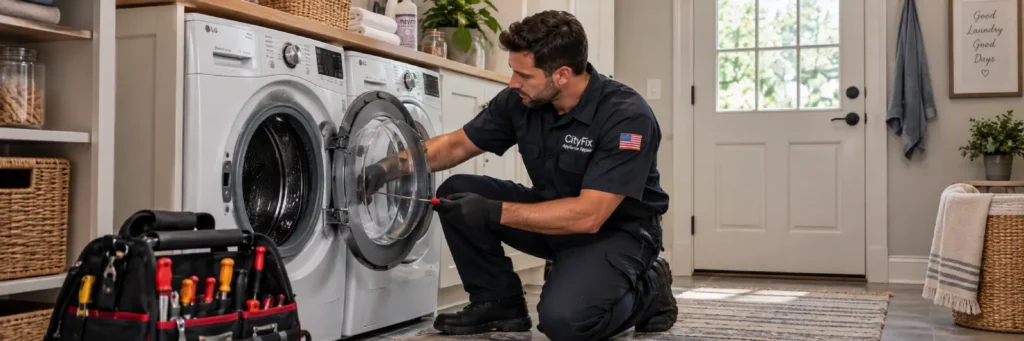 Washer repair technician servicing a washing machine in Los Angeles