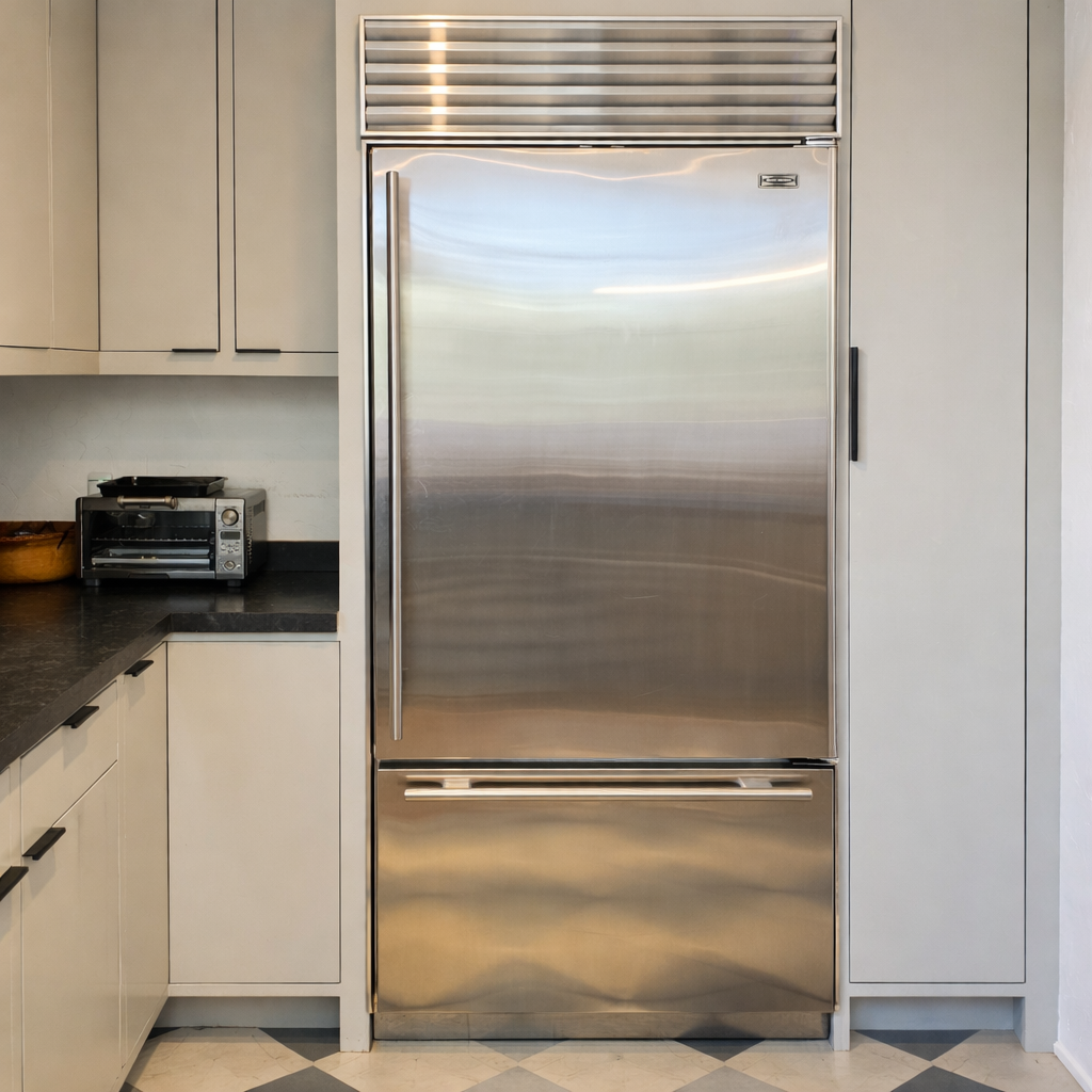 Stainless steel Sub-Zero built-in refrigerator with bottom freezer in white cabinetry