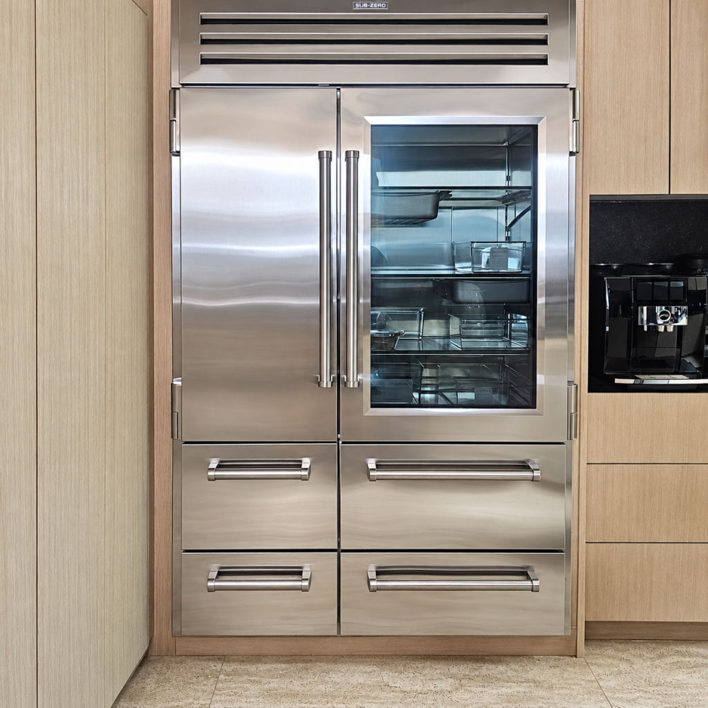 Built-in Sub-Zero refrigerator with glass door and four freezer drawers — luxury appliance repair in Los Angeles