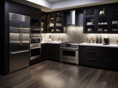 Exquisite kitchen space within a luxurious new home, adorned with pristine white cabinetry and wood detailing. Enhancing the ambiance are elegant pendant lights, sleek stainless steel appliances