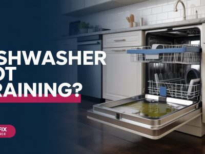 Open dishwasher with standing water at the bottom after a full wash cycle