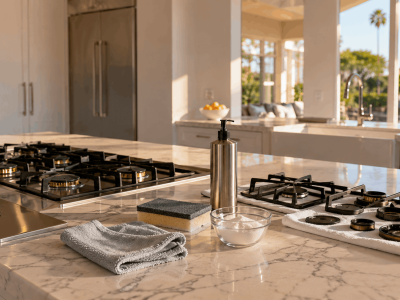 Luxury Los Angeles kitchen with a clean stainless steel gas cooktop, removed burner caps drying on a towel, and safe cooktop cleaning supplies on a marble countertop.