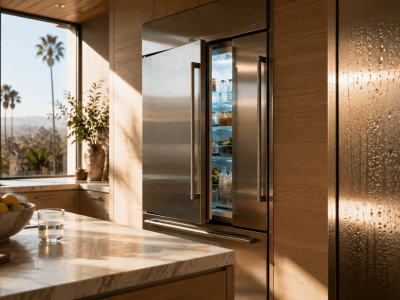 Modern kitchen refrigerator glowing at dusk, representing summer heat strain on appliances in Los Angeles