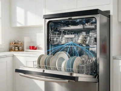 Properly loaded dishwasher with plates, glasses, and silverware arranged for optimal cleaning