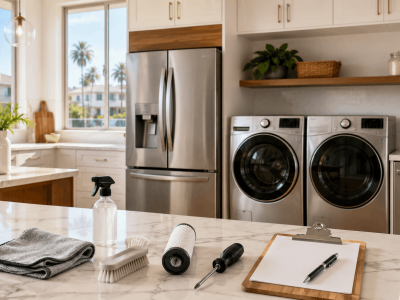 Modern Los Angeles kitchen with well-maintained LG refrigerator, washer, dryer, and dishwasher during routine appliance maintenance.